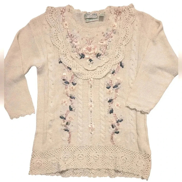 Sweaters - Vintage cream crochet lace pearls floral whimsy coquette cottagecore sweater M